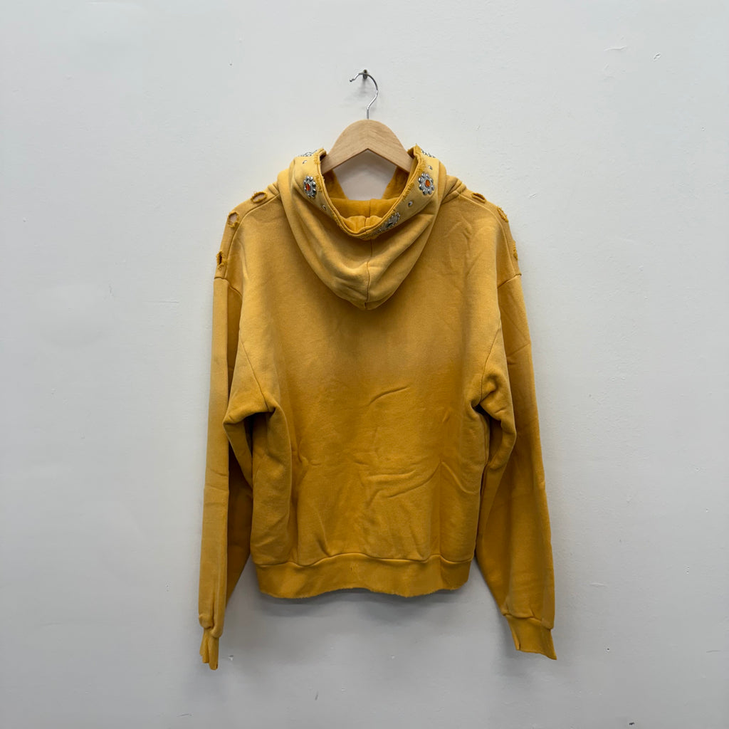 Bravest Studios Crystal Rhinestone Distressed Zip Hoodie Yellow