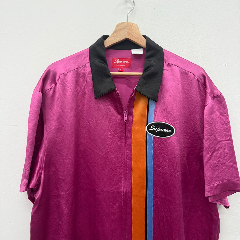 Supreme SS22 Pink Satin Zip Polo Bowling Shirt - Size L