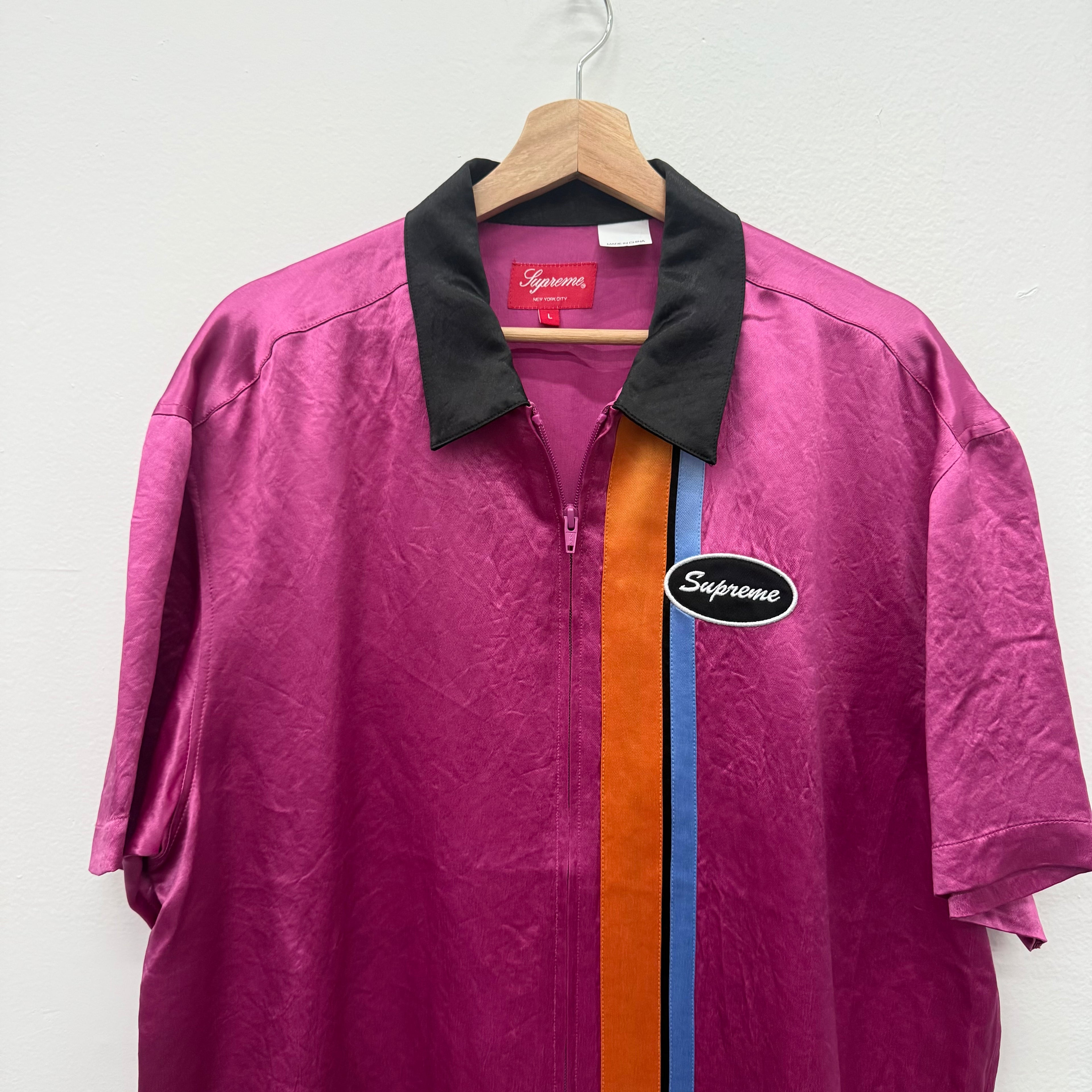 Supreme SS22 Pink Satin Zip Polo Bowling Shirt - Size L