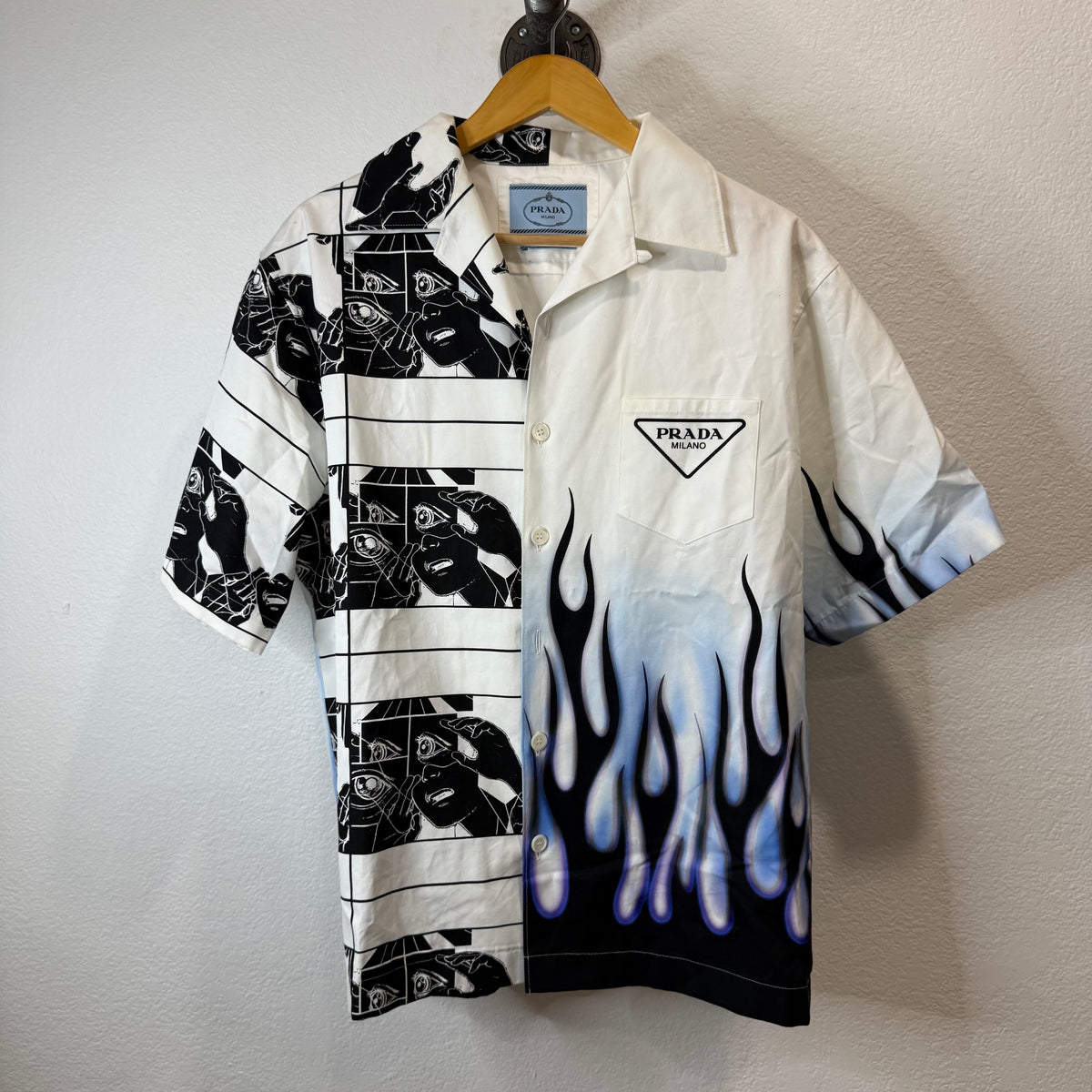 Prada Split Button Up Shirt White Flames - Size L