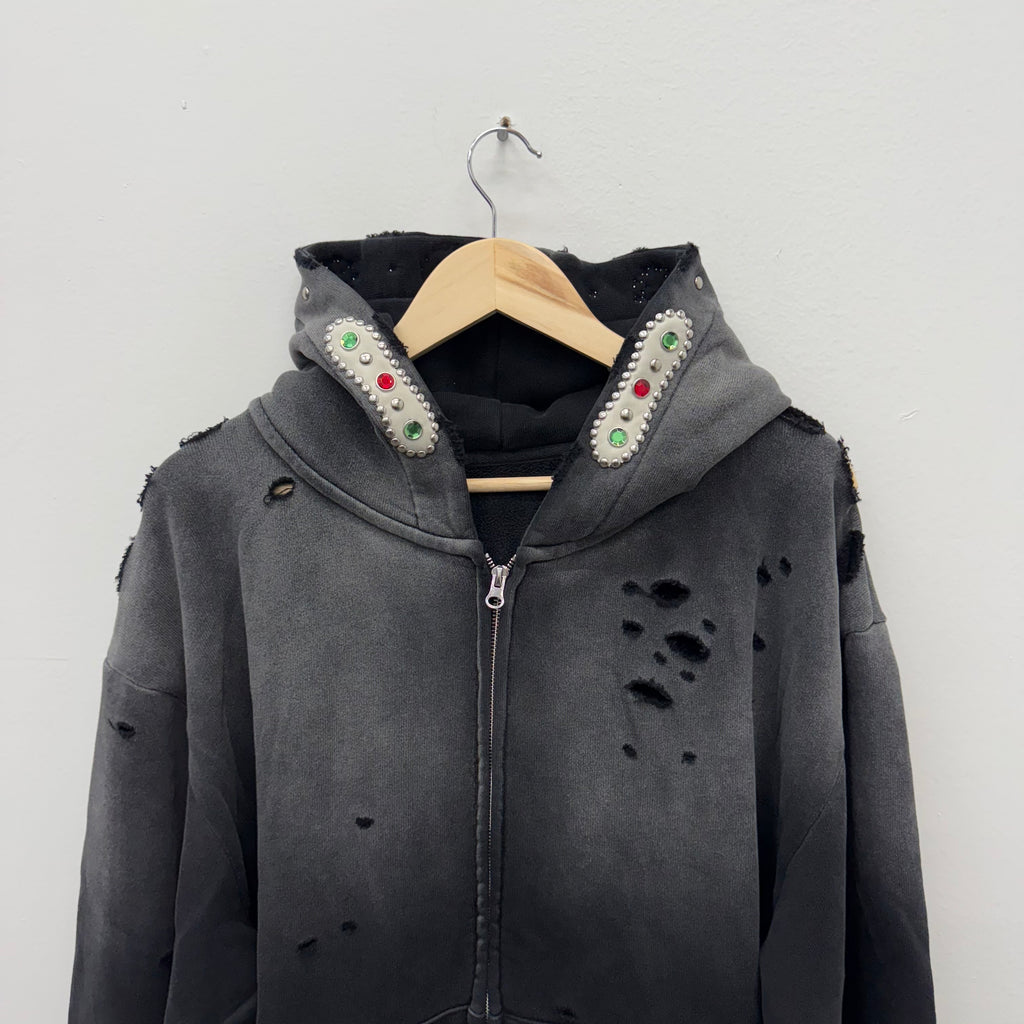 Bravest Studios Crystal Distressed Zip Hoodie Black Grey