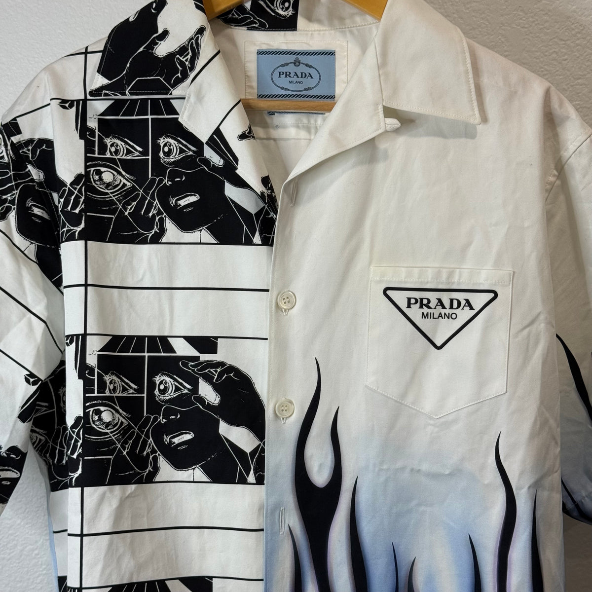 Prada Split Button Up Shirt White Flames - Size L