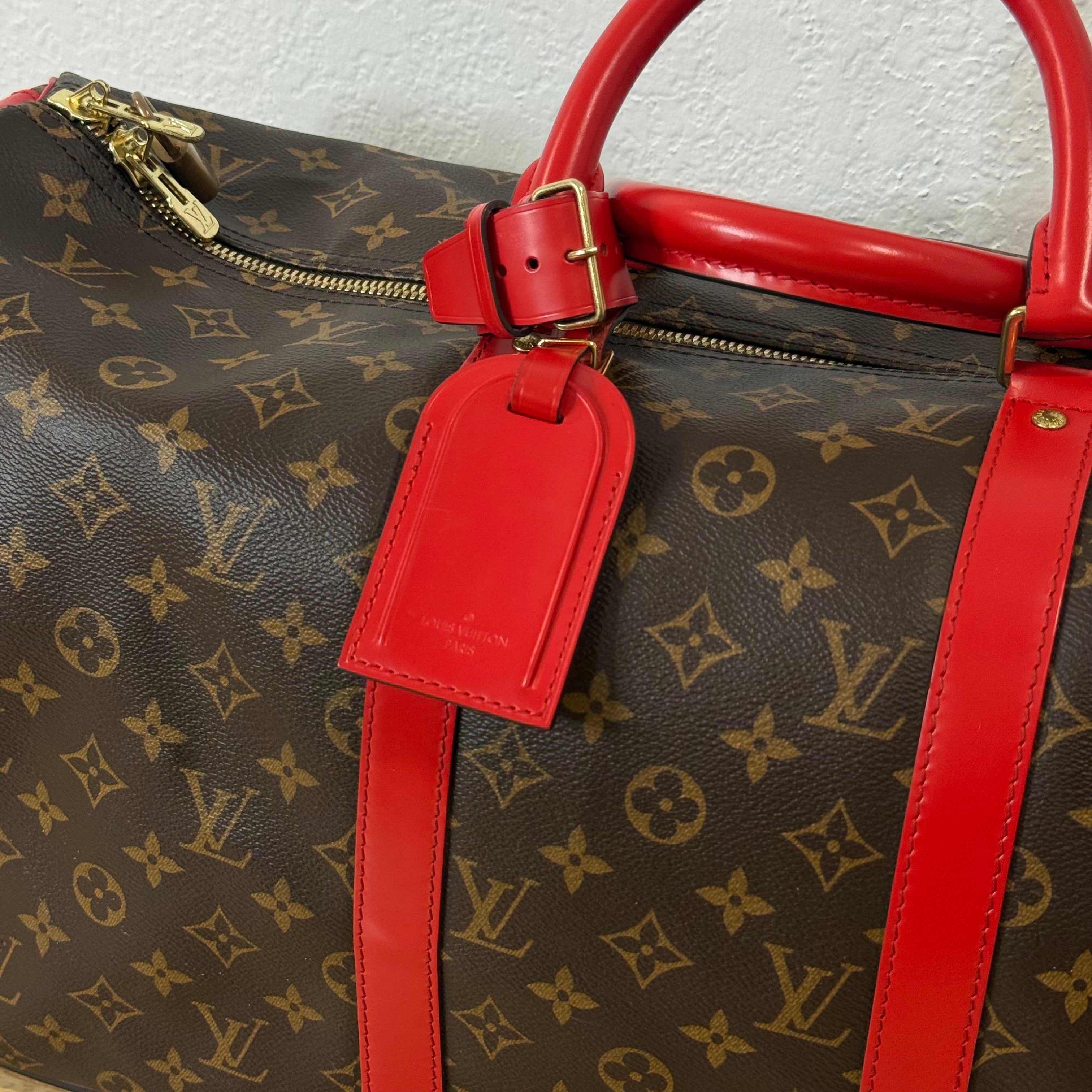 Louis Vuitton Monogram Keepall Bandouliere Weekender Duffle Bag 50 Red