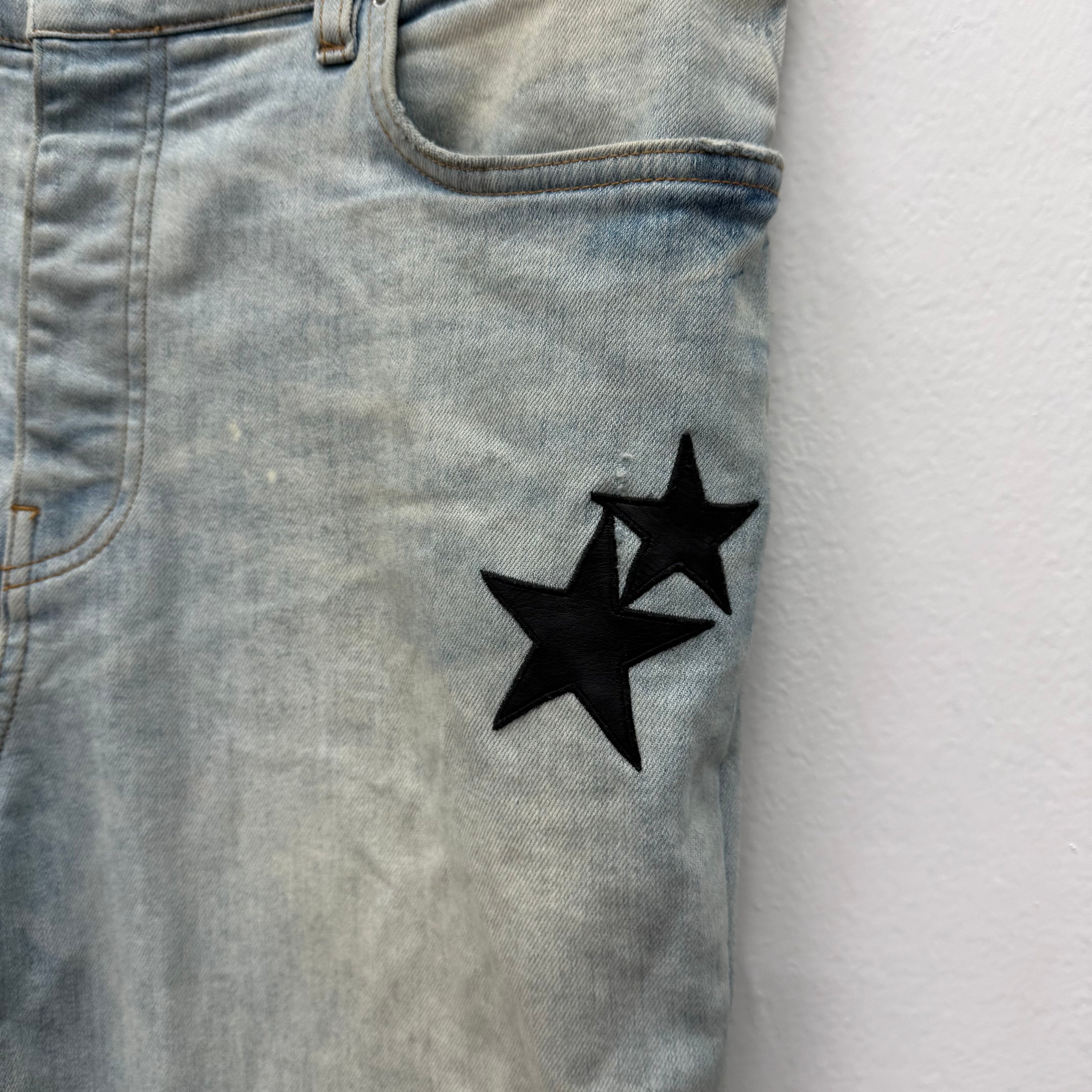 Amiri Leather Star Patch Denim Jeans - Size 38