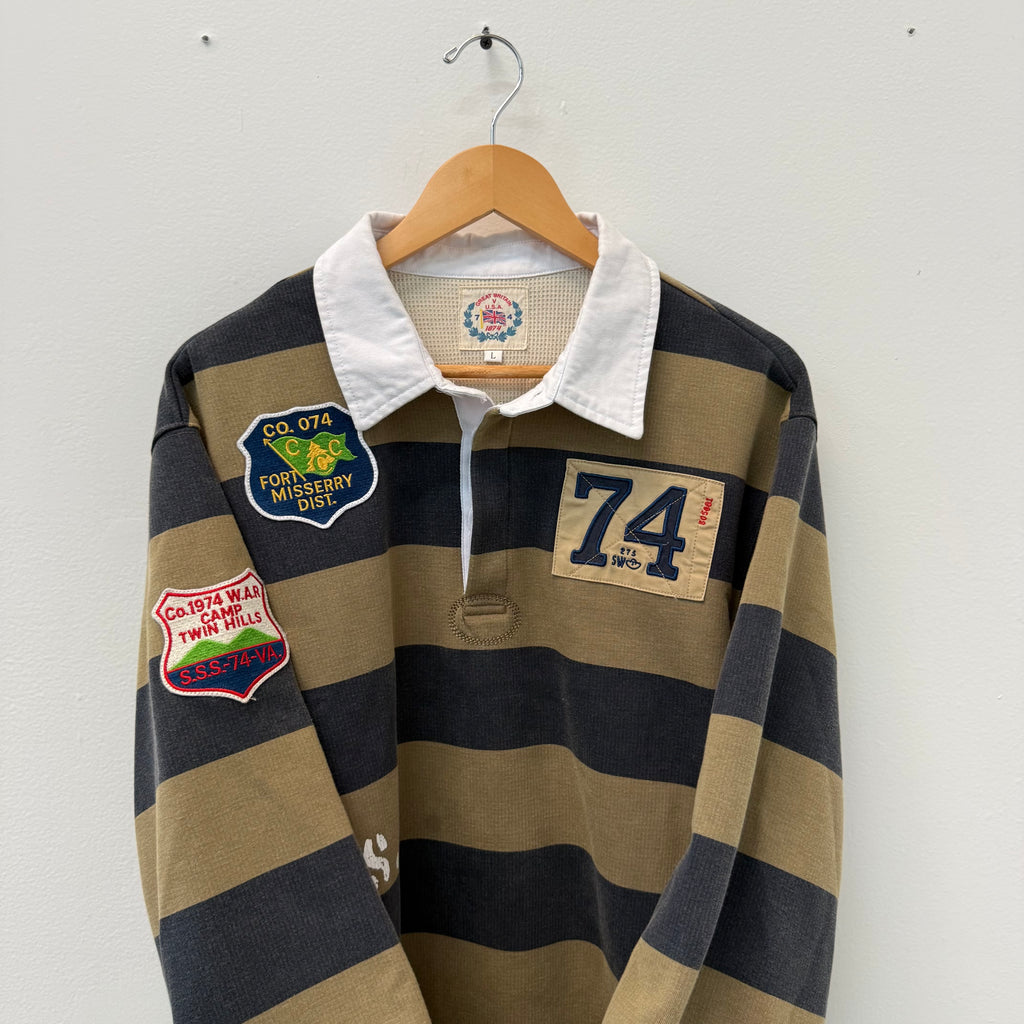74 is War Striped Rugby Polo Shirt - Size L