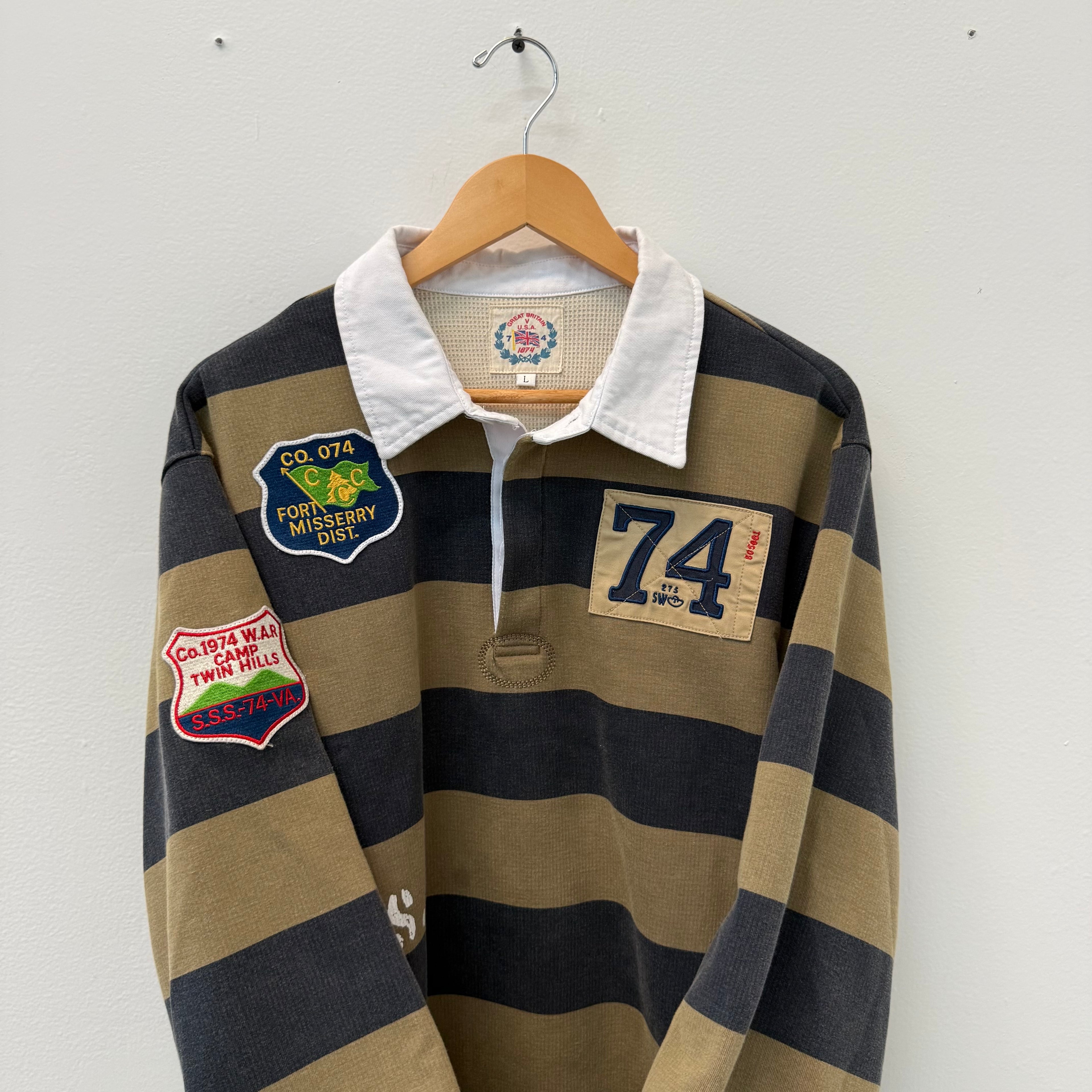 74 is War Striped Rugby Polo Shirt - Size L