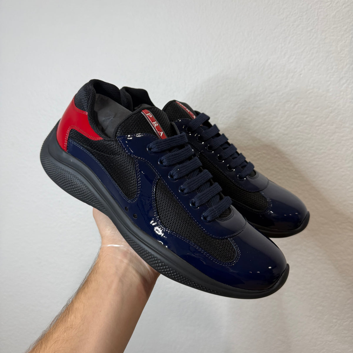 Prada Cup Multi Color Patent Leather Red Blue Sneakers - Size 8.5 (US 9)
