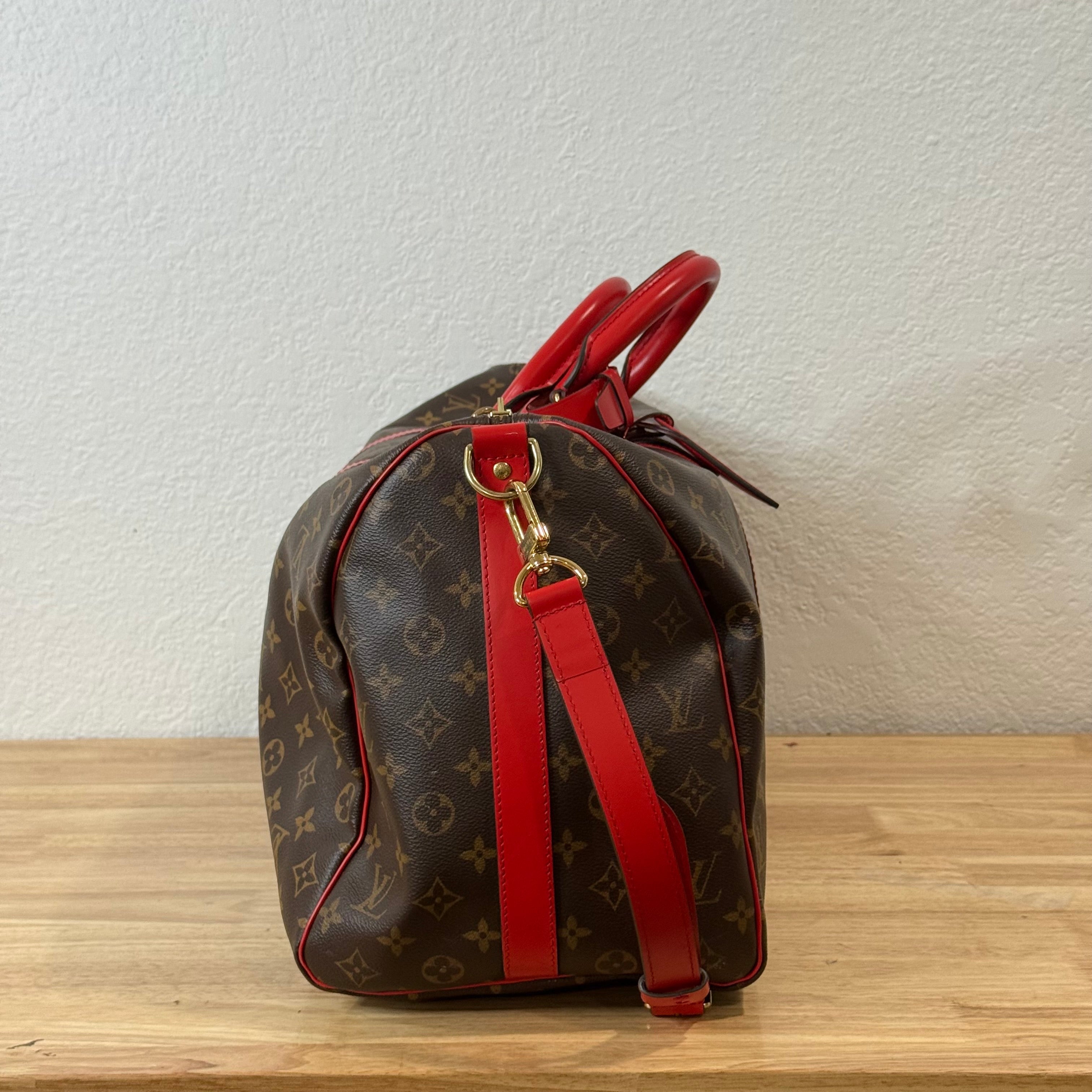 Louis Vuitton Monogram Keepall Bandouliere Weekender Duffle Bag 50 Red