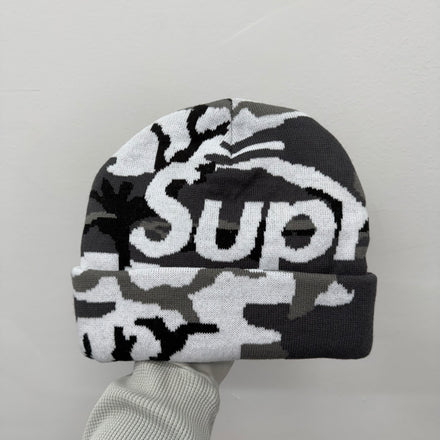Supreme Big Logo Snow Camo Grey White Beanie