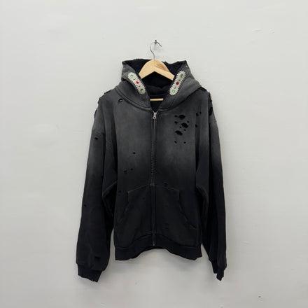 Bravest Studios Crystal Distressed Zip Hoodie Black Grey