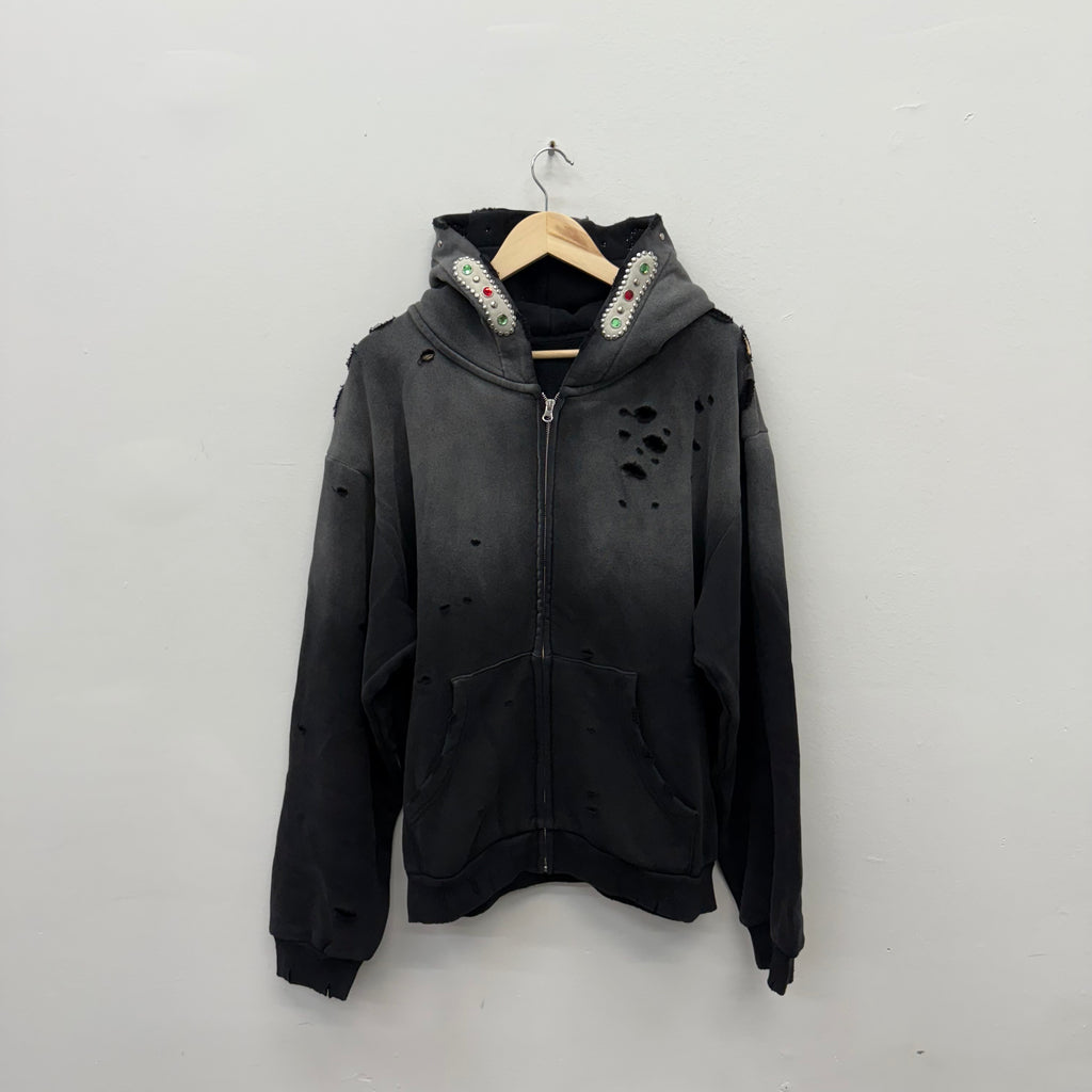 Bravest Studios Crystal Distressed Zip Hoodie Black Grey