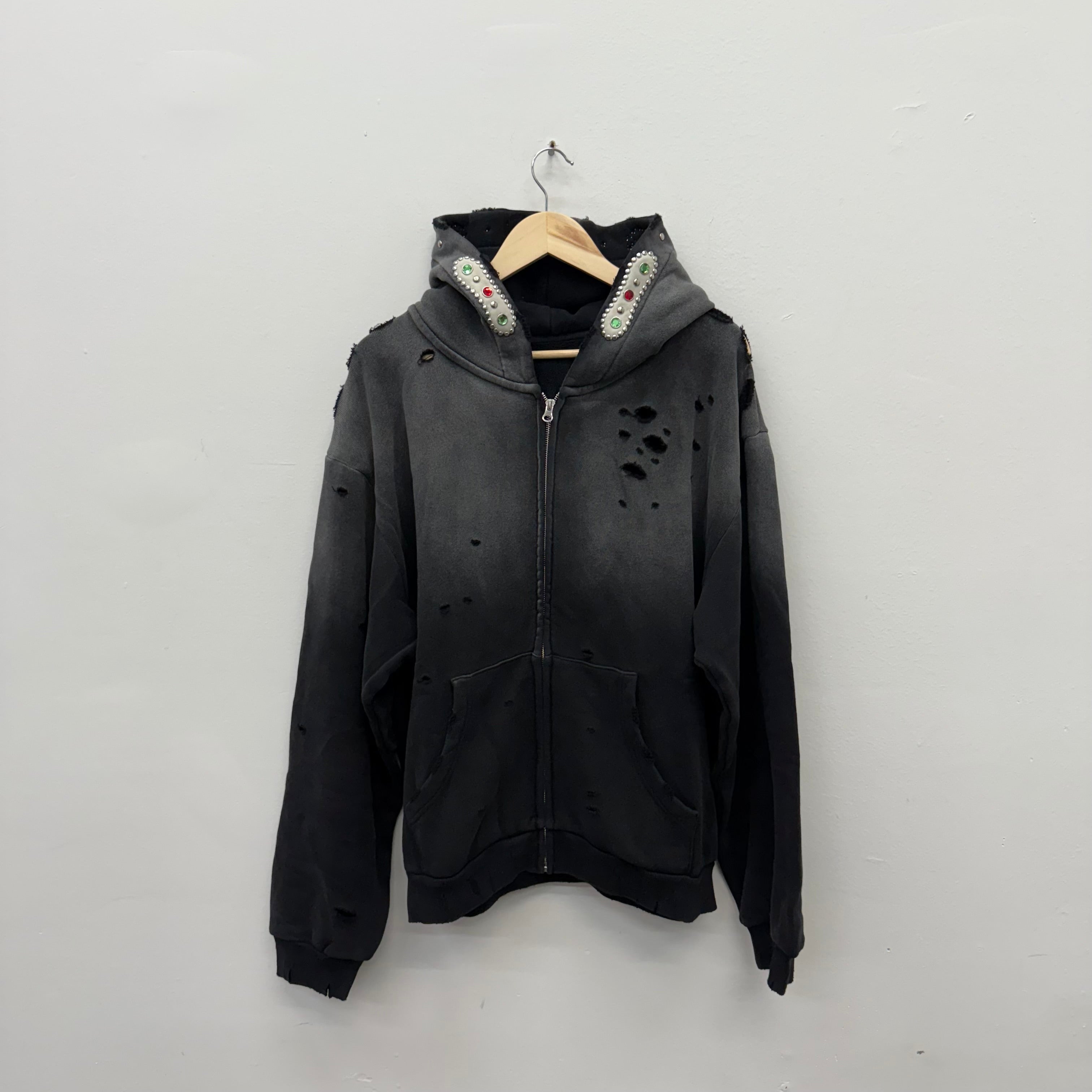 Bravest Studios Crystal Distressed Zip Hoodie Black Grey
