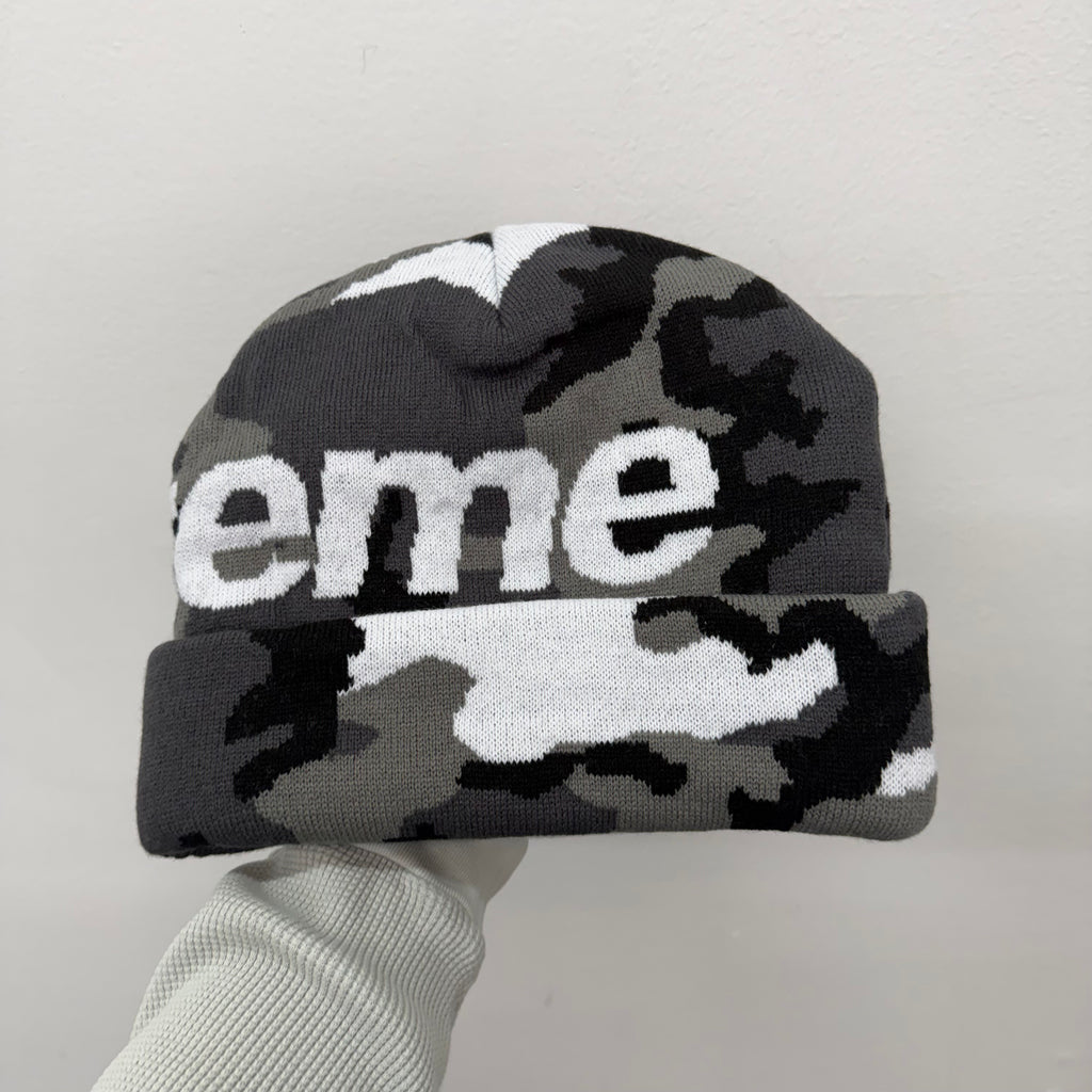 Supreme Big Logo Snow Camo Grey White Beanie