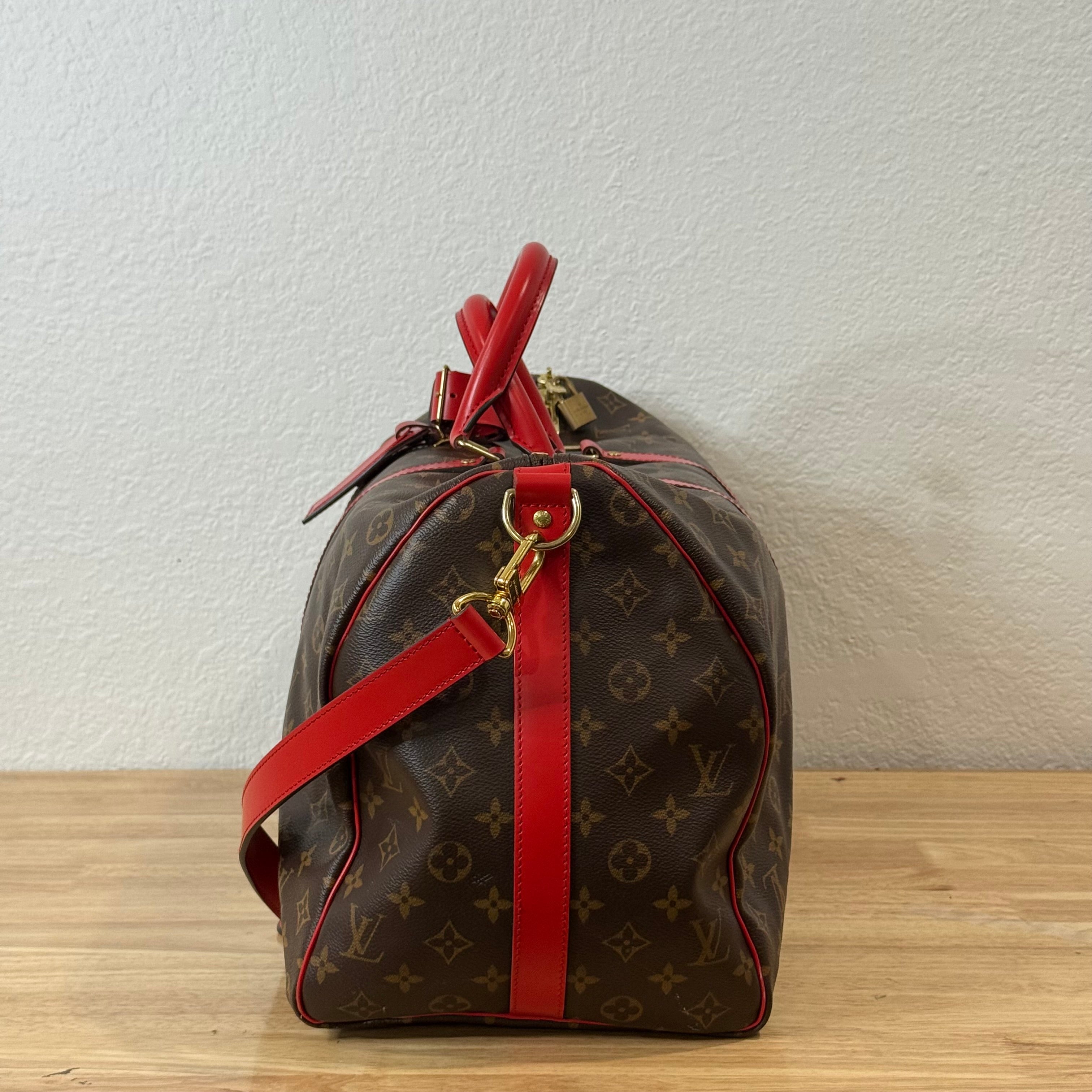 Louis Vuitton Monogram Keepall Bandouliere Weekender Duffle Bag 50 Red