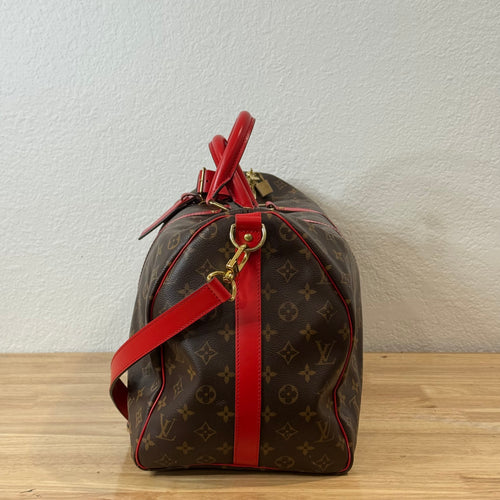 Louis Vuitton Monogram Keepall Bandouliere Weekender Duffle Bag 50 Red