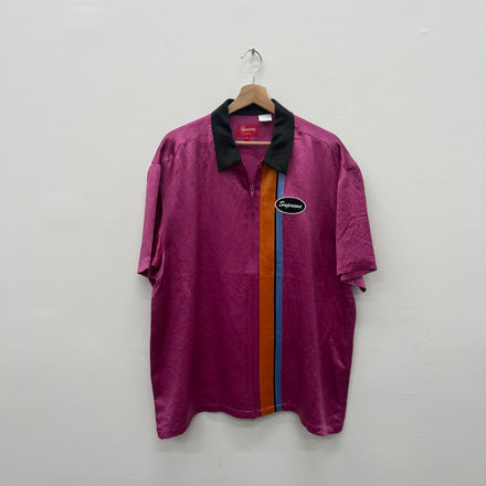 Supreme SS22 Pink Satin Zip Polo Bowling Shirt - Size L