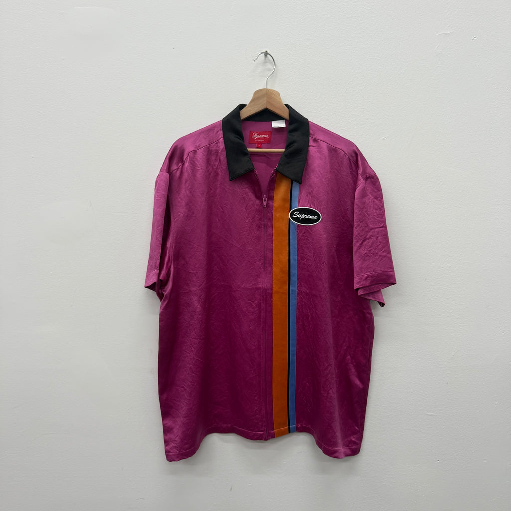 Supreme SS22 Pink Satin Zip Polo Bowling Shirt - Size L