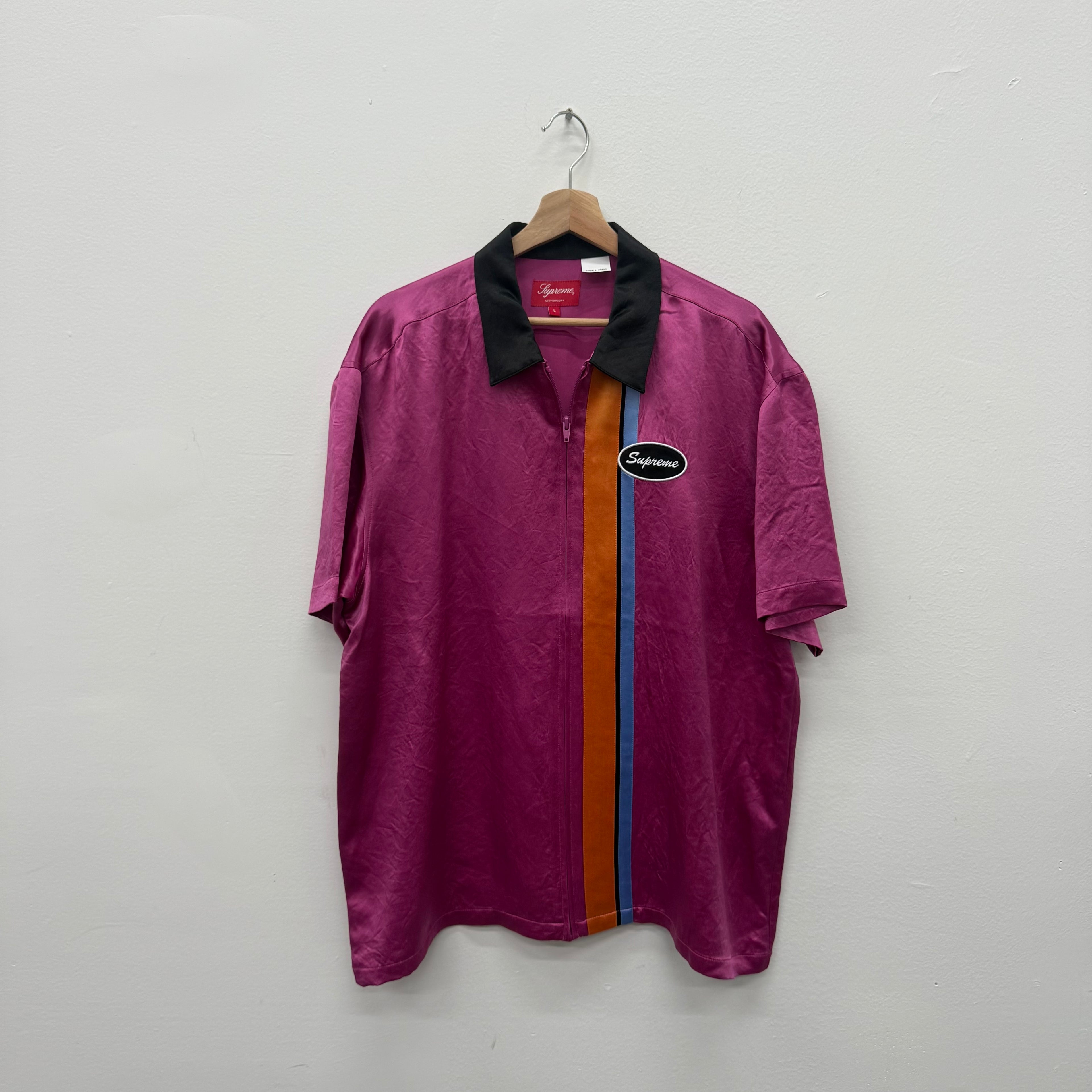 Supreme SS22 Pink Satin Zip Polo Bowling Shirt - Size L