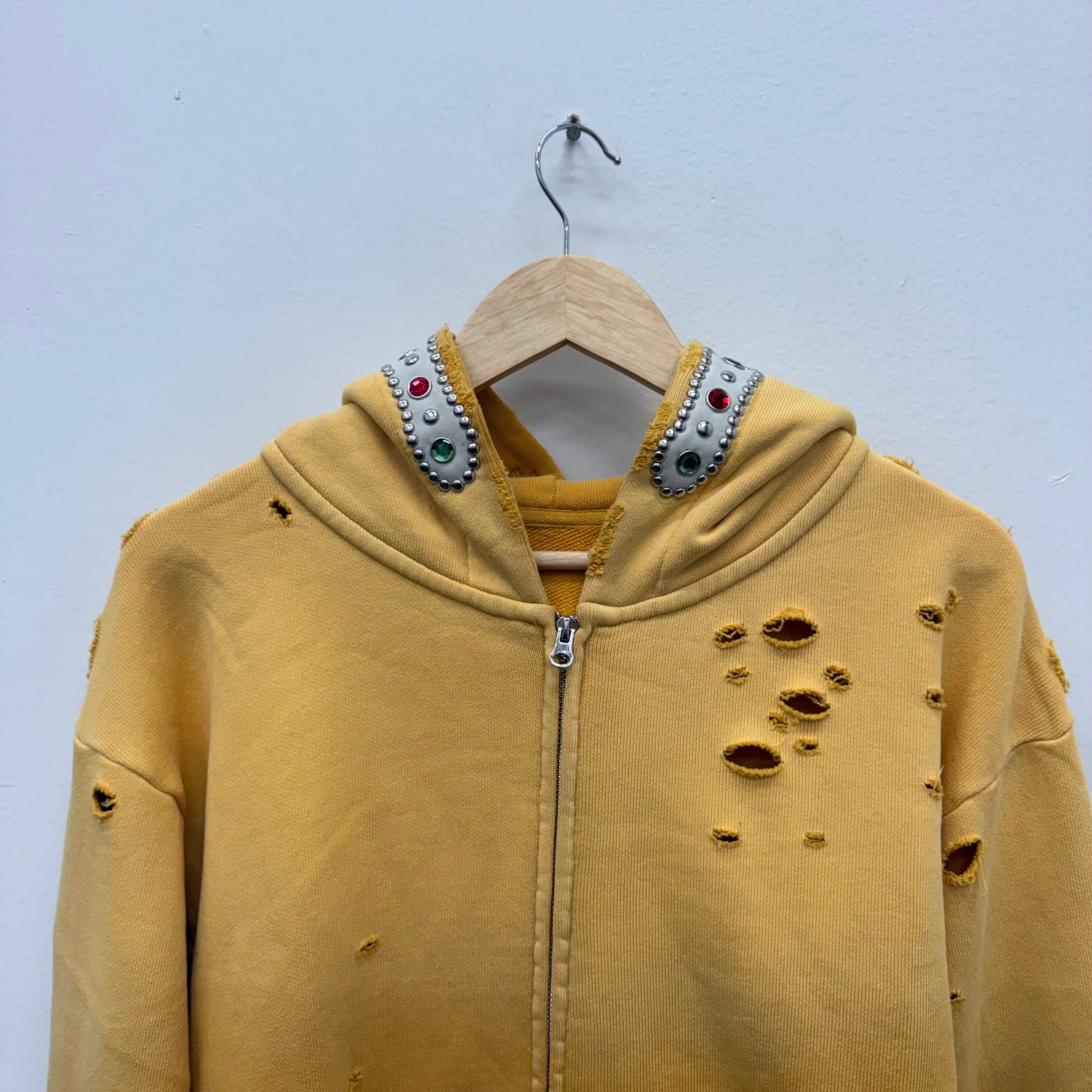 Bravest Studios Crystal Rhinestone Distressed Zip Hoodie Yellow