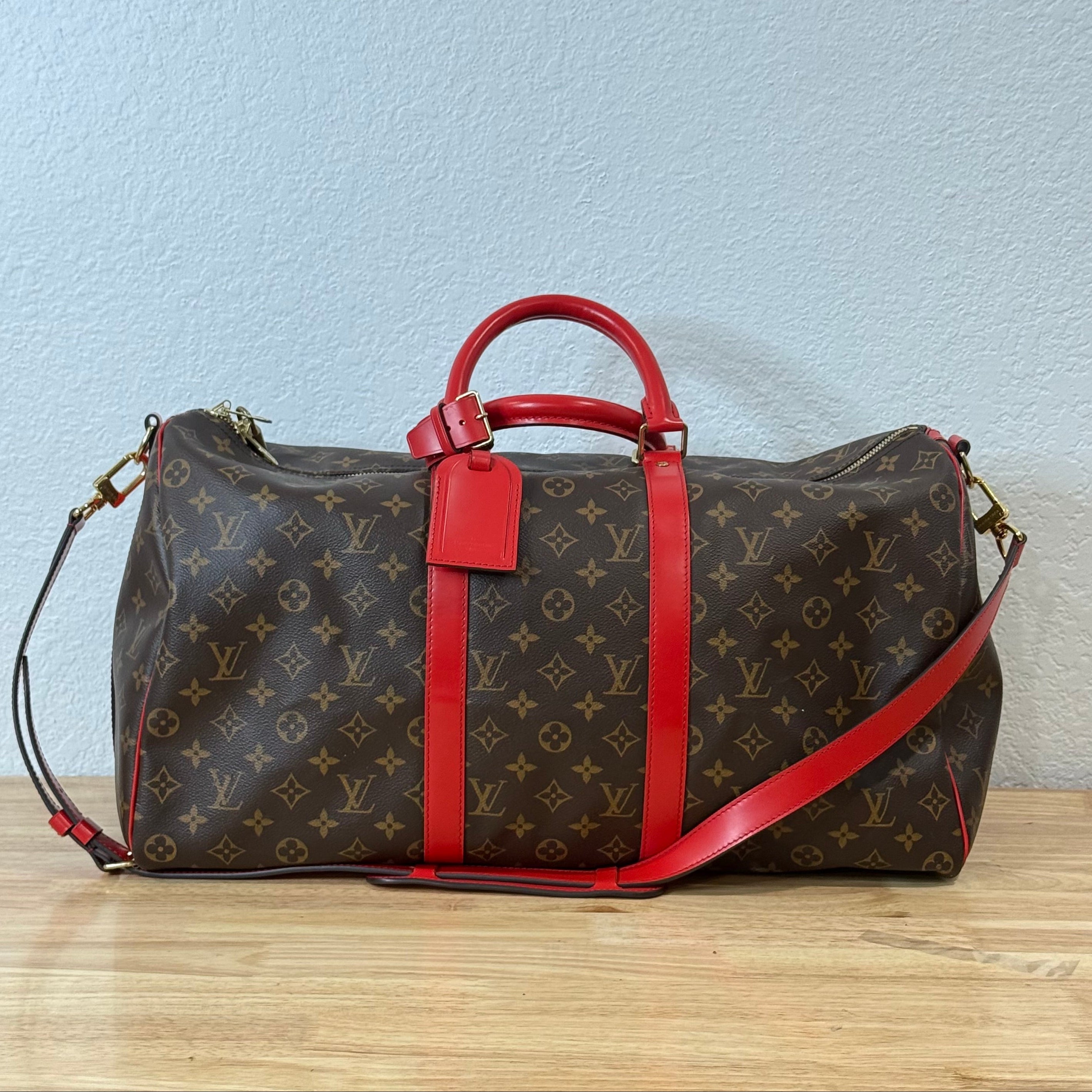 Louis Vuitton Monogram Keepall Bandouliere Weekender Duffle Bag 50 Red