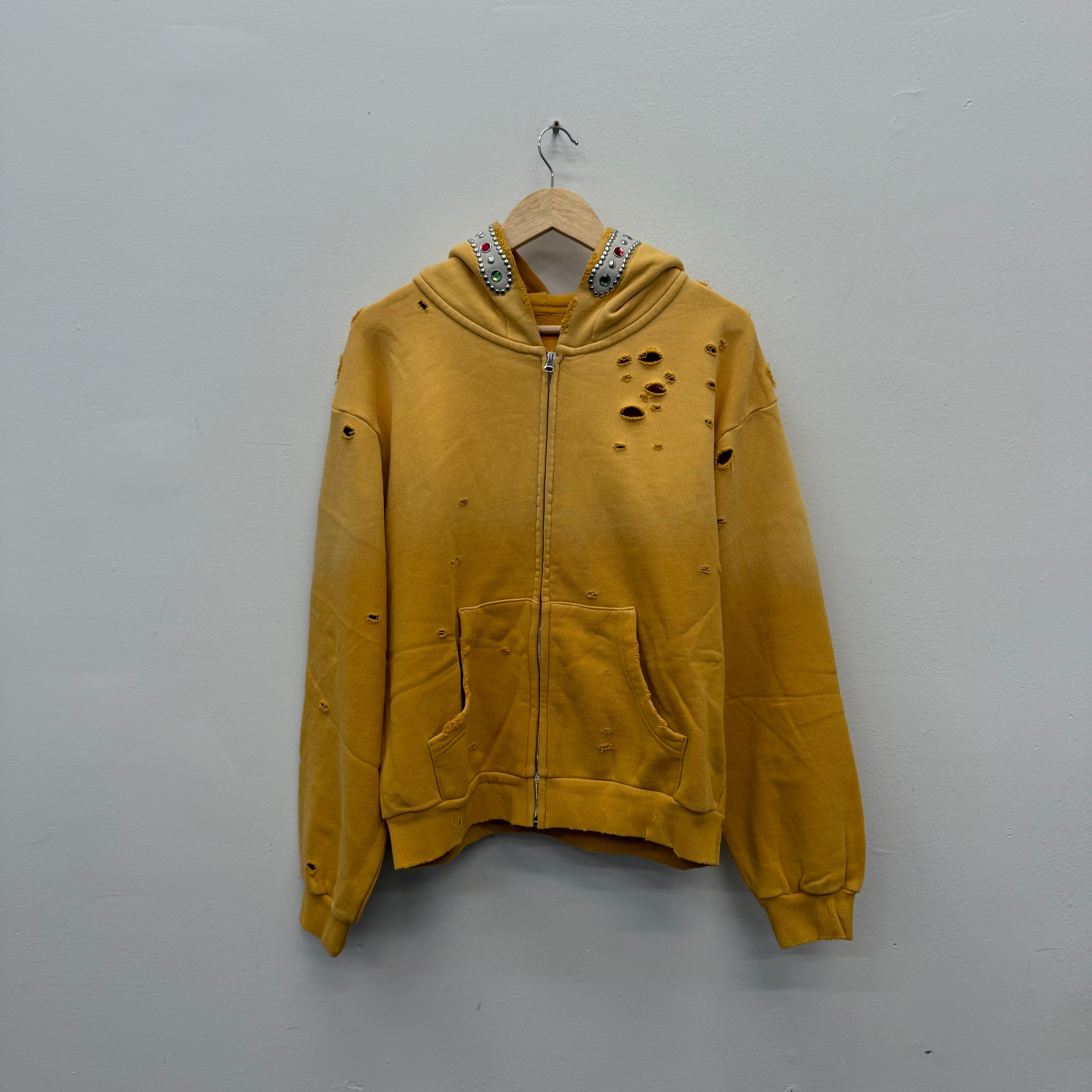 Bravest Studios Crystal Rhinestone Distressed Zip Hoodie Yellow